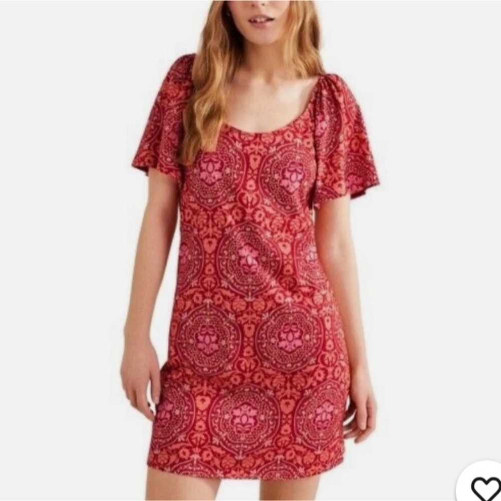 Boden Floral Scoop Neck Mini Dress Size 10 Red Pink